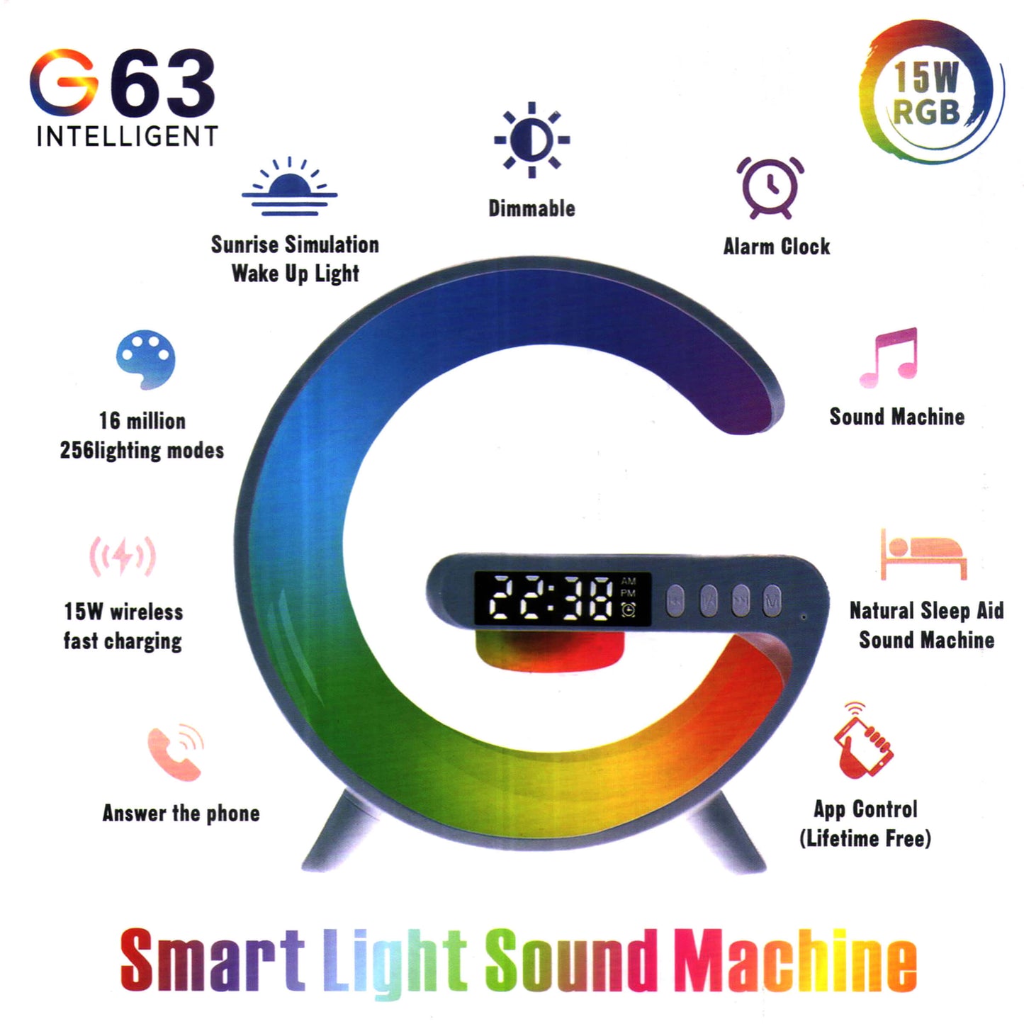 G63 Smart Light Sound Machine - 15W Fast Wireless Charging - Atmosphere RGB Light - Bluetooth Speaker