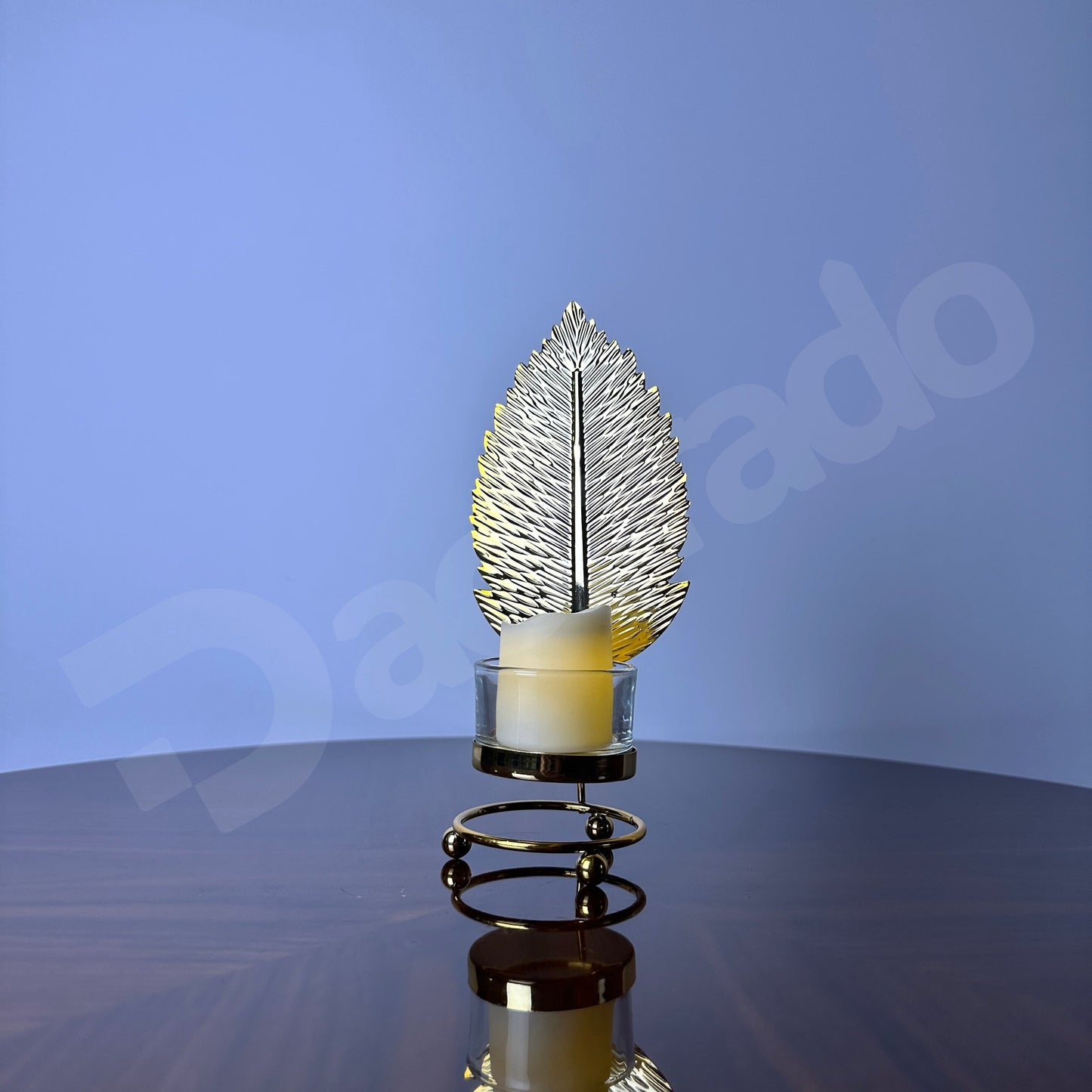 Golden Plain Leaf Candle Holder With Candle