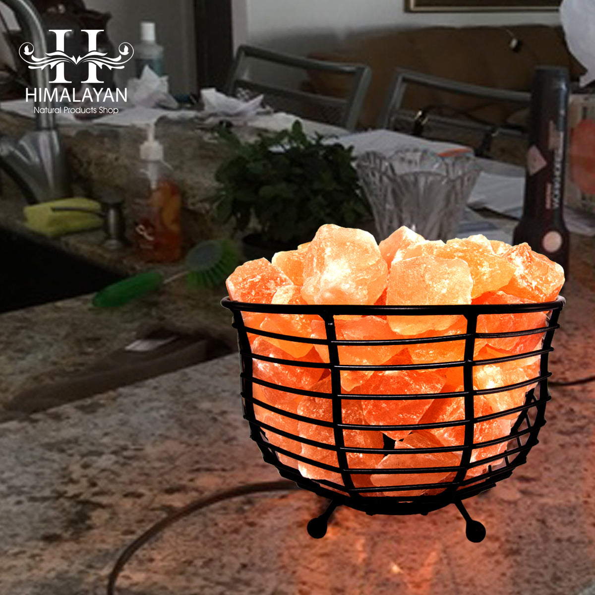 Bowl Shape Metal Basket Lamp with Salt Chunks – Natural Air Purifier