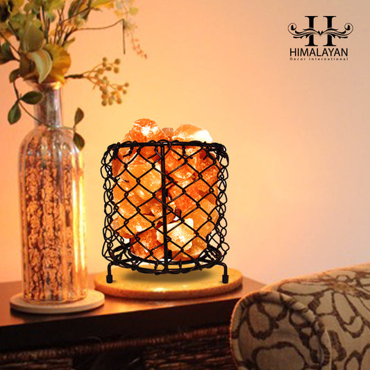 Cylinder Shape Metal Basket Lamp with Salt Chunks