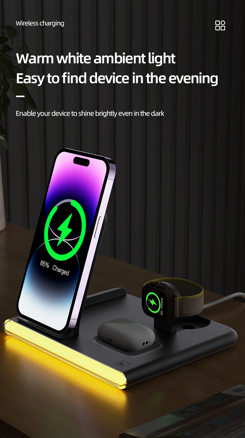 3-in-1 Wireless Charging Station with LED Light – Sleek Design for All Your Devices