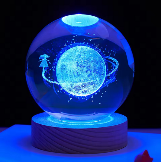 3D Crystal Galaxy Ball Night Lamp with Wooden Base (9cm) - Solar System - Moon - Earth - Heart Cloud - Crescent -Moon Walk with seven colors LED light