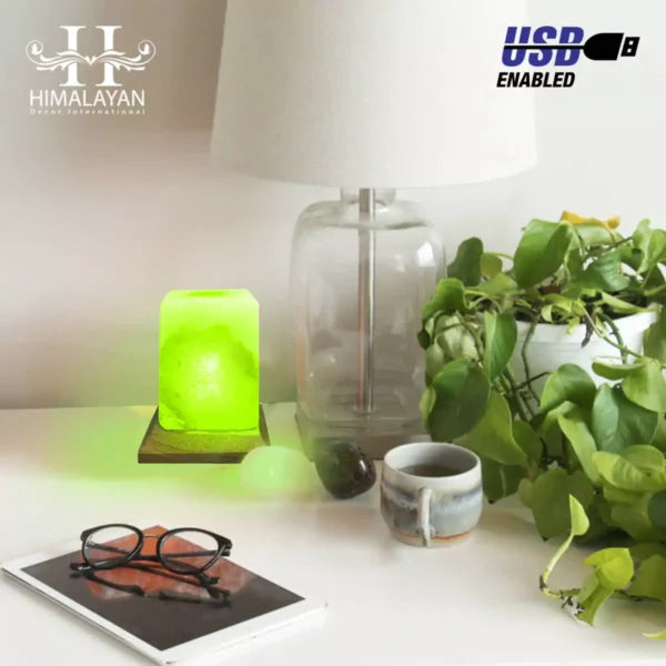 Cube Shape USB Salt Lamp with Multicolored LED Bulb